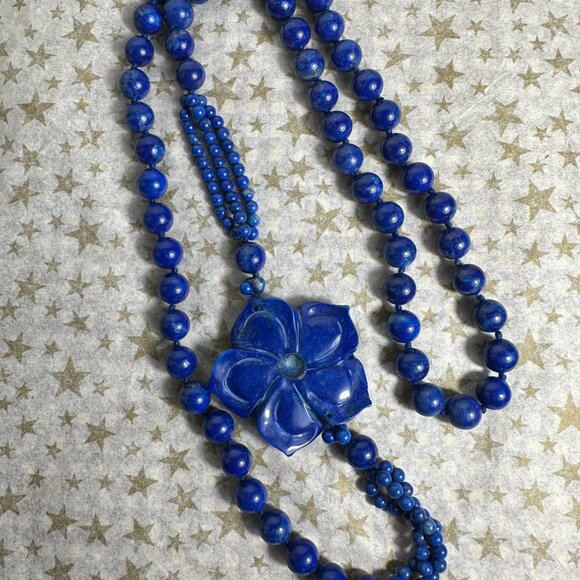 NEW Long Lapis Necklace with a Carved Flower Accent - Picture 7 of 7